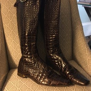 Tory Burch Brown Croc Embossed Boots 9.5